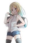  :o bag black_legwear blonde_hair blush brown_eyes comah cowboy_shot denim denim_shorts duffel_bag eyebrows_visible_through_hair holding holding_bag legs_apart long_hair open_mouth original shirt short_shorts shorts simple_background sleeveless sleeveless_shirt solo thighhighs white_background 