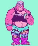  anthro ape bulge clothed clothing dramamine facial_piercing gorilla headband male mammal nose_piercing overweight phone piercing primate solo standing 