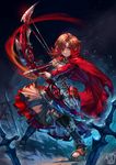  absurdres aiming archer arrow artist_name bow_(weapon) brown_hair cape commentary drawing_bow fate/stay_night fate_(series) highres holding holding_arrow holding_bow_(weapon) holding_weapon outstretched_arm ruby_rose rwby sa-dui solo sword watermark weapon web_address 