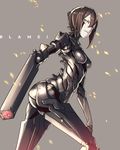  arm_cannon ass ban blame! breasts brown_hair cyborg glowing glowing_eyes graviton_beam_emitter highres looking_at_viewer pale_skin parted_lips sanakan small_breasts smile solo teeth weapon yellow_eyes 
