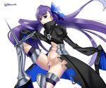  bangs belt belt_buckle blue_bow bow buckle burakku-ra crotch_plate fate/extra fate/extra_ccc fate_(series) faulds greaves groin hair_bow hair_ornament high_collar highres long_hair meltlilith navel puffy_sleeves purple_hair signature sleeves_past_wrists solo thigh_strap very_long_hair waist_cape white_background 