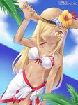  1girl bikini blonde_hair dark_skin hat long_hair looking_at_viewer navel nchallenge nchans no_panties ocean pop&#039;n_pastel quachan smile solo swimsuit towel yellow_eyes 