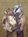  2001 badger breasts canine claws cleavage clothed clothing dark_natasha female fox hair holding_(disambiguation) jewelry long_hair male mammal mustelid necklace nipples ring 