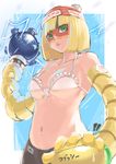  akino_hazuki arms_(game) bad_id bad_pixiv_id bangs beanie blonde_hair bra breasts chinese_clothes cobushii_(arms) food green_eyes hat highres looking_at_viewer mask megawatt_(arms) min_min_(arms) navel noodles short_hair solo underwear white_bra 