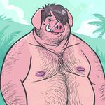  anthro body_hair chest_hair dramamine jewelry looking_at_viewer male mammal necklace nipples nude open_mouth overweight pig porcine solo tusks 