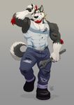  2015 anthro beard biceps canine clothed clothing digital_media_(artwork) facial_hair fur furrybob male mammal mechanic muscular pants shirt simple_background solo standing tank_top tools wrench 