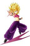  armband aura baggy_pants blonde_hair caulifla commentary dragon_ball dragon_ball_super grin highres navel official_style pants shinopia smile solo strapless super_saiyan tubetop 