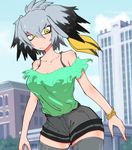  :/ alternate_costume arms_at_sides bare_shoulders belt black_bra black_hair blonde_hair blouse bra bra_strap breasts building casual city cleavage collarbone commentary_request contemporary day frills grey_hair grey_shorts hair_between_eyes kemono_friends large_breasts long_hair low_ponytail multicolored_hair no_nose nuka_cola06 off-shoulder_blouse off_shoulder outdoors partial_commentary shoebill_(kemono_friends) short_shorts shorts side_ponytail skindentation sky solo thighhighs underwear wristband yellow_eyes 