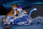  anal aurora_borealis balls big_balls big_penis black_wings cum feathers feline feral group group_sex kato kissing licking luca male male/male mammal mekell oral penis sex snow stripes threesome tianshi tiger tongue tongue_out wings 