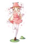  alternate_color artist_name blonde_hair eyes floral_print flower frog full_body gradient_hair hat leg_up lily_pad loafers long_sleeves moriya_suwako multicolored_hair perri_(mnemosine) pink_hair pleated_skirt pyonta shoes short_hair skirt skirt_set solo standing standing_on_one_leg thighhighs touhou turtleneck vest white_legwear wide_sleeves yellow_eyes zettai_ryouiki 