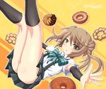  arm_warmers ass bow brown_eyes brown_hair double_bun doughnut dress_shirt food french_cruller hair_bow highres kantai_collection long_hair looking_at_viewer michishio_(kantai_collection) outstretched_arms plaid plaid_bow shirt skirt solo suspenders tamayan twintails twitter_username 