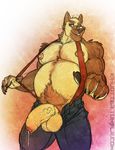  balls belly biceps blue_eyes brown_fur canine clothed clothing dog fur german_shepherd humanoid_penis jeans kihu male mammal musclegut muscular nipples pants pecs penis precum smile suspenders topless tugging vein veiny_penis 