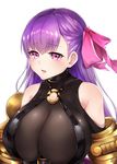  28aarts absurdres bangs bare_shoulders blush breasts claws cleavage commentary_request fate/extra fate/extra_ccc fate/grand_order fate_(series) grey_background hair_ribbon highres huge_breasts long_hair parted_lips passion_lip pink_ribbon purple_eyes purple_hair ribbon simple_background solo upper_body 