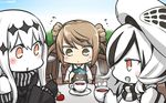  :o aircraft_carrier_water_oni bare_shoulders beret black_dress blush brown_eyes brown_hair chair commentary cup dated detached_sleeves double_bun dress flying_sweatdrops food fork fruit hamu_koutarou hat highres kantai_collection long_hair michishio_(kantai_collection) multicolored_hair multiple_girls open_mouth parted_lips seaplane_tender_water_hime shinkaisei-kan short_twintails strawberry sweat table teacup twintails white_hair white_skin 