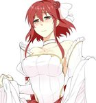  alternate_costume bare_shoulders blush breasts bridal_gauntlets bride bride_(fire_emblem) dress embarrassed fire_emblem fire_emblem:_monshou_no_nazo fire_emblem:_shin_ankoku_ryuu_to_hikari_no_tsurugi fire_emblem_heroes flower hair_between_eyes hair_flower hair_ornament ijiro_suika large_breasts looking_at_viewer minerva_(fire_emblem) red_eyes red_hair skirt_hold solo sweatdrop upper_body white_background 