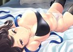  armpits arms_up bed bed_sheet black_legwear breasts brown_hair fundoshi groin hair_pulled_back japanese_clothes kaga_(kantai_collection) kantai_collection large_breasts looking_at_viewer midriff muneate naked_muneate no_bra parted_lips skindentation solo thighhighs thighs upside-down wa_(genryusui) yellow_eyes 