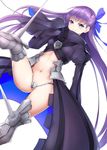  28aarts absurdres armor armored_boots bangs black_coat blue_eyes blue_ribbon blush boots closed_mouth crotch_plate eyebrows_visible_through_hair fate/extra fate/extra_ccc fate_(series) hair_ribbon highres leg_up long_hair looking_at_viewer meltlilith navel purple_hair revealing_clothes ribbon simple_background smile solo thighhighs thighs white_background 