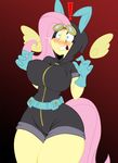  2017 anthro belt big_breasts blush breasts clothed clothing digital_media_(artwork) equine eyewear female floating_wings fluttershy_(mlp) friendship_is_magic gloves goggles gradient_background hair hi_res horse invalid_tag jrvanesbroek mammal my_little_pony pegasus pony simple_background solo standing teeth thick_thighs wide_hips wings 