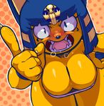  2017 5_fingers angry animal_crossing ankha anthro bandage bent_over big_breasts blue_eyes blue_fur blue_hair blue_nose blush breasts cat claws cleavage clothed clothing dotted_background egyptian eyelashes feline fur hair hand_on_hip hanging_breasts looking_at_viewer mammal nintendo open_mouth pattern_background pointing sharp_teeth simple_background solo teckworks teeth thick_thighs tongue video_games wide_hips yelling yellow_fur 