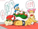  anthro blue_eyes blush bow bowser claws eromame eyewear female glasses group hair horn japanese_text jewelry koopaling magikoopa male mario_bros necklace nintendo red_eyes red_hair reptile scalie shell short_hair spikes sweat text turtle video_games wendy_o_koopa 