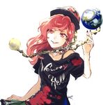  black_blouse blouse chain earth_(ornament) fingernails hat hecatia_lapislazuli kayako_(tdxxxk) long_hair moon_(ornament) multicolored multicolored_clothes multicolored_skirt off_shoulder pale_skin parted_lips polos_crown red_eyes red_hair shirt skirt smile solo t-shirt touhou white_background 