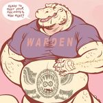  anthro clothing crocodile crocodilian dramamine drooling english_text looking_at_viewer male muscular overweight reptile saliva scalie solo standing tattoo text tight_clothing 
