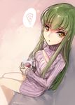  bangs breasts c.c. code_geass commentary_request creayus cup drinking_glass eyebrows_visible_through_hair food green_hair holding holding_cup long_hair looking_at_viewer medium_breasts meme_attire open-chest_sweater open_mouth pizza sitting slice_of_pizza solo spoken_food straight_hair sweater twitter_username yellow_eyes 