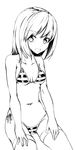  :d bangs bikini comah covered_nipples eyebrows_visible_through_hair greyscale long_hair looking_at_viewer monochrome navel open_mouth original side-tie_bikini simple_background sitting smile solo striped striped_bikini swimsuit thighhighs thighs 