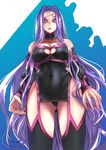  bacs boots breasts bridal_gauntlets choker cleavage_cutout collar collarbone commentary_request dress facial_mark fate/grand_order fate_(series) forehead_mark from_below highres long_hair looking_at_viewer looking_down medium_breasts purple_eyes purple_hair rider strapless strapless_dress thigh_boots thighhighs very_long_hair 