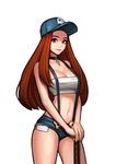  athena_(hyper_universe) bandeau bare_shoulders baseball_cap black_choker blue_hat blue_shorts breasts brown_eyes buckle choker cleavage closed_mouth commentary cowboy_shot denim denim_shorts hands_together hat highres hyper_universe jewelry jungon_kim large_breasts lips long_hair looking_at_viewer navel pendant red_hair red_lips short_shorts shorts simple_background skull solo standing stomach strapless suspender_shorts suspenders thick_eyebrows thighs tubetop v_arms very_long_hair white_background 