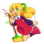  1girl blonde_hair broom dress female green_eyes hair_ribbon metata open_mouth ponytail ribbon rockman rockman_(classic) roll simple_background solo white_background 