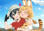  :3 :d ;d ^_^ adjusting_clothes adjusting_hat animal_ears bad_id bad_pixiv_id bare_shoulders black_hair blonde_hair blush bow bowtie closed_eyes cloud commentary_request day elbow_gloves gloves happy hat hug hug_from_behind kaban_(kemono_friends) kemono_friends mokyutan multiple_girls one_eye_closed open_mouth outdoors red_shirt serval_(kemono_friends) serval_ears serval_print serval_tail shirt short_hair sky smile tail upper_body wavy_mouth 