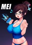  bangs black-framed_eyewear black_hair blue_panties breasts camisole covered_nipples drone glasses hair_bun hair_ornament hair_stick highres large_breasts mei_(overwatch) navel open_mouth overwatch panties purple_eyes snowball_(overwatch) snowflake_hair_ornament swept_bangs underwear wuguno_ziran_juan 