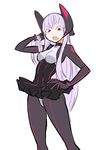  bangs bodysuit breasts dress electro_alice hand_on_hip headgear ken_(koala) long_hair looking_at_viewer medium_breasts open_mouth original purple_eyes short_dress simple_background skin_tight solo white_background white_hair 