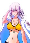  bikini blush braid breasts chaldea_lifesavers cleavage collarbone fate/grand_order fate_(series) florence_nightingale_(fate/grand_order) himo jacket_on_shoulders large_breasts long_hair looking_at_viewer navel necktie purple_hair red_eyes simple_background solo swimsuit white_background yellow_bikini 