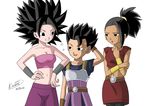  belt caulifla commentary_request dragon_ball dragon_ball_super earrings hoop_earrings jewelry kale_(dragon_ball) karoine kyabe midriff navel red_skirt skirt spiked_hair strapless tubetop 