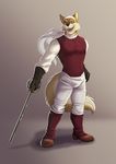  2015 anthro biceps canine clothed clothing digital_media_(artwork) fur furrybob male mammal melee_weapon muscular solo standing sword weapon wolf 
