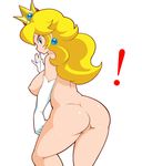  1girl arm_at_side ass back blonde_hair blue_eyes breasts cowboy_shot crown curvy earrings elbow_gloves from_behind gloves hand_up highres jewelry large_breasts lipstick long_hair looking_at_viewer looking_back makeup mario_(series) nipples noise nude princess_peach sideways_glance simple_background solo standing super_mario_bros. white_background 