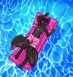  2016 2_tails anthro antiroo armpits black_fur black_hair canine clothing dipstick_tail eyewear floating fur hair highlights male mammal multi_tail multicolored_tail purple_highlights relaxing solo sunglasses swimming_pool swimming_trunks swimsuit tattoo water 