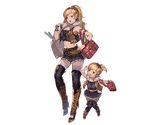  bag blonde_hair boots bracelet breasts brown_eyes brown_hair cleavage earrings food full_body fur_trim granblue_fantasy hair_ornament hairclip high_heel_boots high_heels jewelry large_breasts long_hair midriff minaba_hideo miniskirt mother_and_daughter multicolored_hair multiple_girls navel nene_(granblue_fantasy) official_art ponytail skirt thighhighs transparent_background two-tone_hair yae_(granblue_fantasy) 