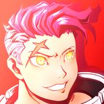  :d close-up commentary face open_mouth overwatch pink_hair portrait red_background scar scar_across_eye short_hair sijia_wang simple_background smile solo yellow_eyes zarya_(overwatch) 