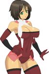  1girl ahoge aliasing bangs bare_shoulders black_gloves black_hair breasts brown_hair cleavage_cutout clothed_navel contrapposto cosplay covered_navel cowboy_shot gauntlets gloves green_eyes hand_on_hip honchan impossible_clothes impossible_leotard large_breasts leotard long_gloves looking_at_viewer nchallenge nchans no_bra pixel_art power_armor red_gloves see-through short_hair simple_background solo standing thighhighs warner white_background 