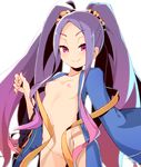  &gt;:) breasts chinese_clothes collarbone cowboy_shot fate/grand_order fate_(series) groin hand_up hanfu long_hair long_sleeves looking_at_viewer mei_mu navel nipples open_clothes purple_eyes purple_hair simple_background small_breasts smile solo standing twintails v-shaped_eyebrows very_long_hair white_background wide_sleeves wu_zetian_(fate/grand_order) 