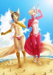  2017 anthro beach blonde_hair blue_eyes brown_hair canine clothed clothing crossdressing day detailed_background duo fox fur girly hair hi_res macro male mammal nature nipples open_mouth outside pink_fur ratatula seaside size_difference skimpy smile tongue underwear water yellow_fur 