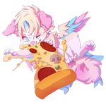  canine equine feathered_wings feathers feral food fur hair horn hybrid mammal paws pink_fur pink_hair pink_nose pizza rikitoka simple_background solo unicorn white_background wings 