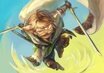  beard boots brown_eyes brown_hair cape facial_hair gloves granblue_fantasy harvin male_focus mustache nekumun pointy_ears solo sword teeth weapon yodarha_(granblue_fantasy) 