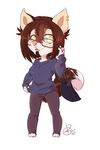  2016 4_toes 5_fingers anthro breasts brown_hair canine cleavage clothed clothing dog ear_piercing eyewear female glasses hair mammal ope_mouth piercing pink_nose rikitoka simple_background solo standing teeth toes tongue white_background yellow_eyes 