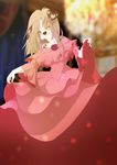  5_fingers anthro blonde_hair blurred_background canine clothed clothing dog dress female hair looking_at_viewer mammal rikitoka smile solo 