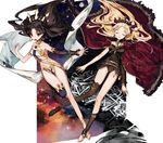  bare_shoulders black_hair blonde_hair breasts cape closed_eyes crown earrings ereshkigal_(fate/grand_order) fate/grand_order fate_(series) hair_ribbon hoop_earrings ishtar_(fate/grand_order) jewelry long_hair long_legs looking_at_viewer mo_(mocopo) multiple_girls open_mouth red_cape red_eyes red_ribbon ribbon single_thighhigh skull small_breasts space thighhighs tiara twintails 