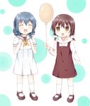  :d ^_^ absurdres balloon blue_hair brown_hair cat_hair_ornament clenched_hand closed_eyes commentary_request eyebrows eyebrows_visible_through_hair funami_mari furutani_kaede hair_ornament highres jitome mary_janes multiple_girls open_mouth shoes short_twintails smile socks stick_jitb thick_eyebrows twintails white_legwear yuru_yuri 